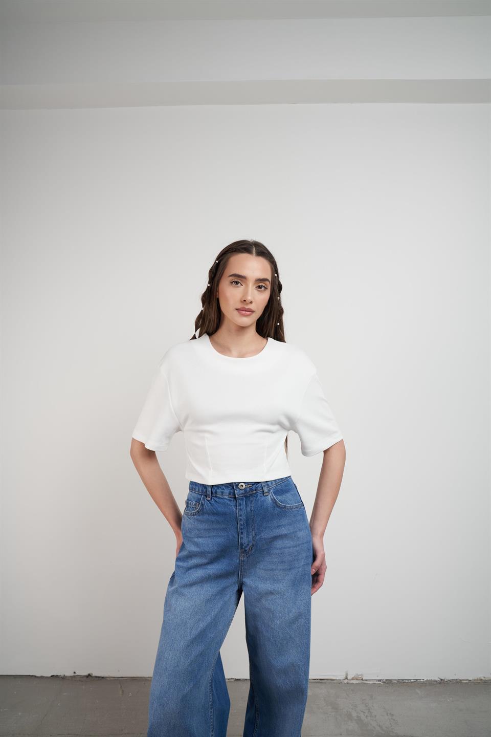 Kısa Kol Crop Model Bluz Ekru