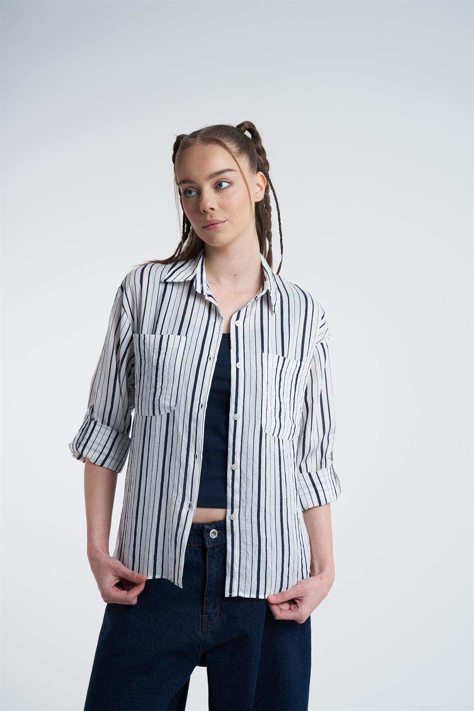 Çizgili Uzun Kol Gömlek Ekru-Laci