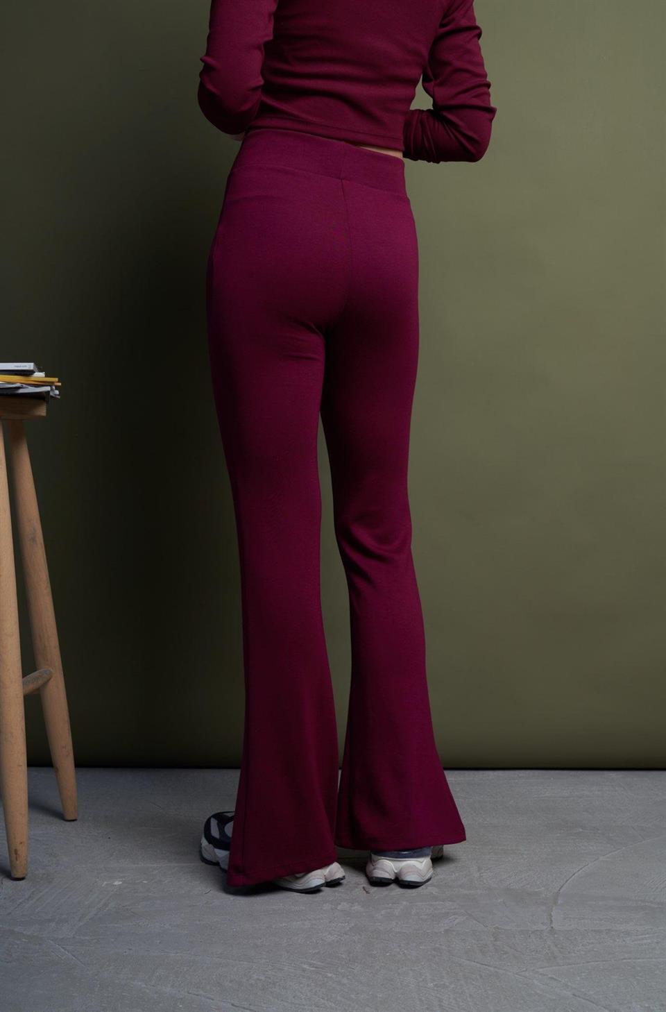 Yüksek Bel İspanyol Paça Pantolon Bordo