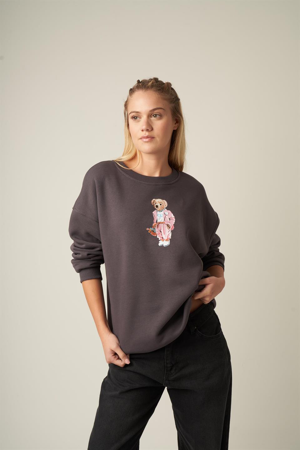 Ayıcık Baskılı Sweatshirt Antrasit