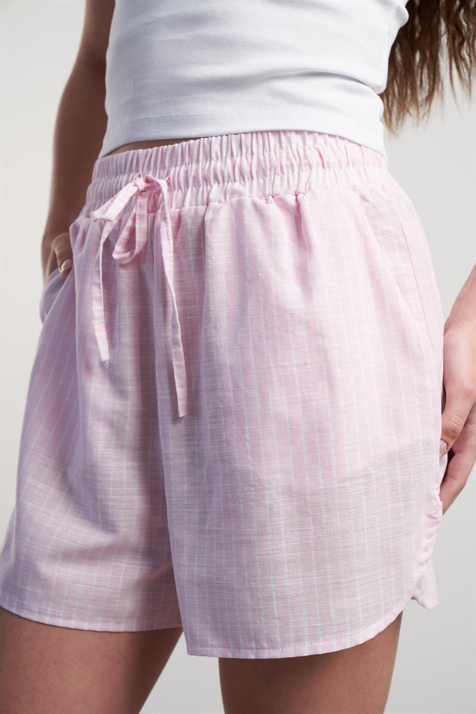 Çizgili Keten Şort Pembe