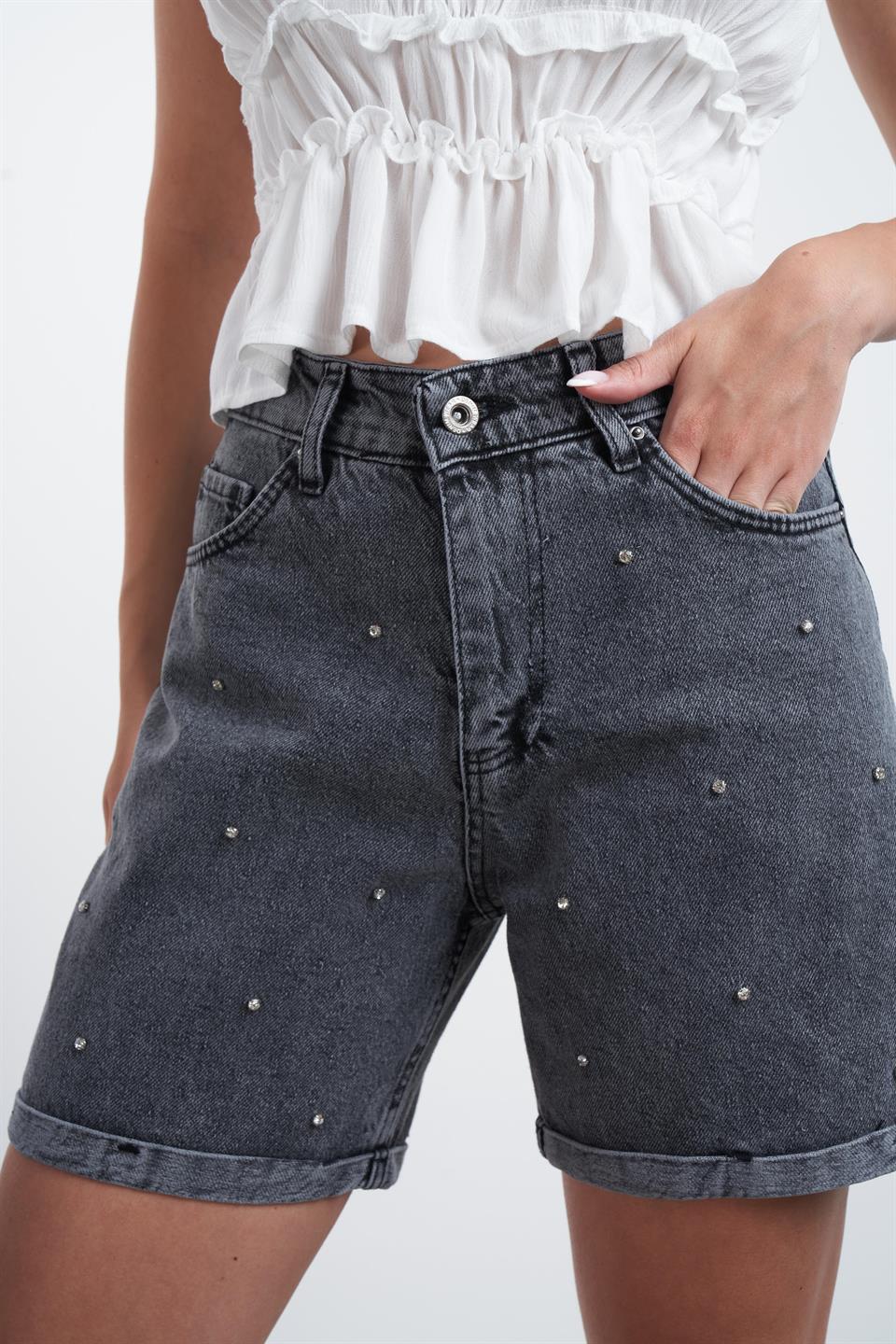 Taş Detaylı Jean Şort Antrasit