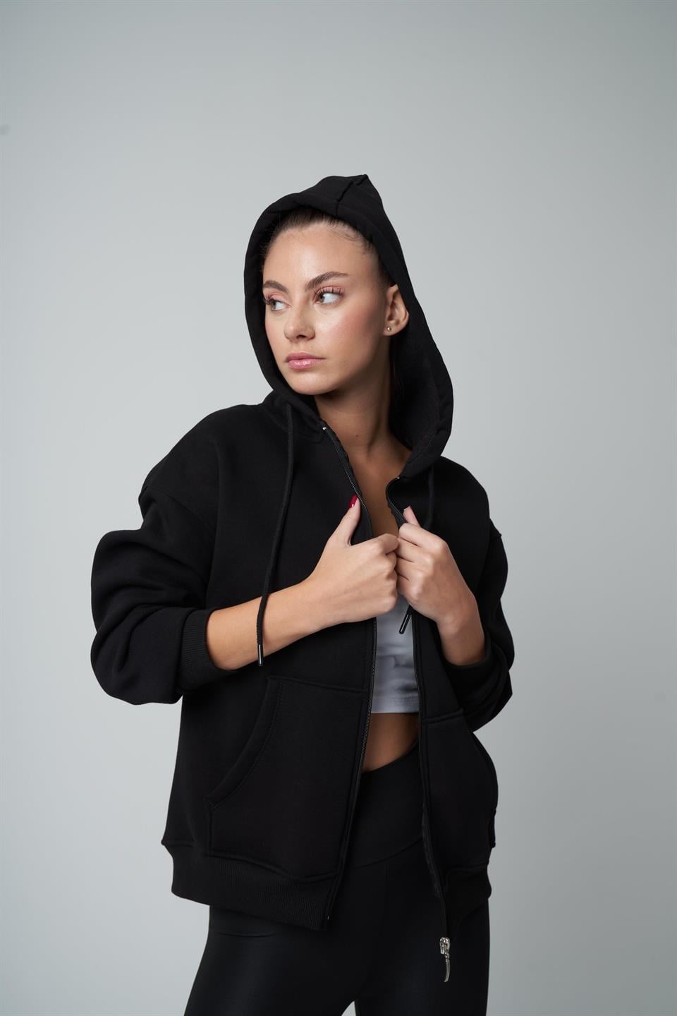 Kapüşonlu Sweatshirt Ceket Siyah