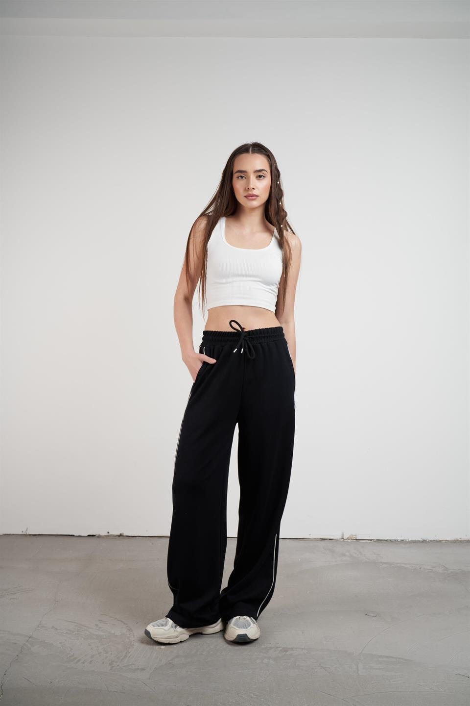 Şerit Detaylı Modal Pantolon Siyah