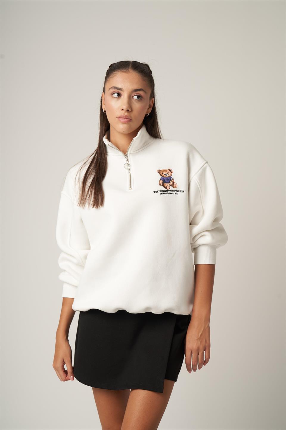 Nakış Ayıcık Baskılı Sweatshirt Ekru