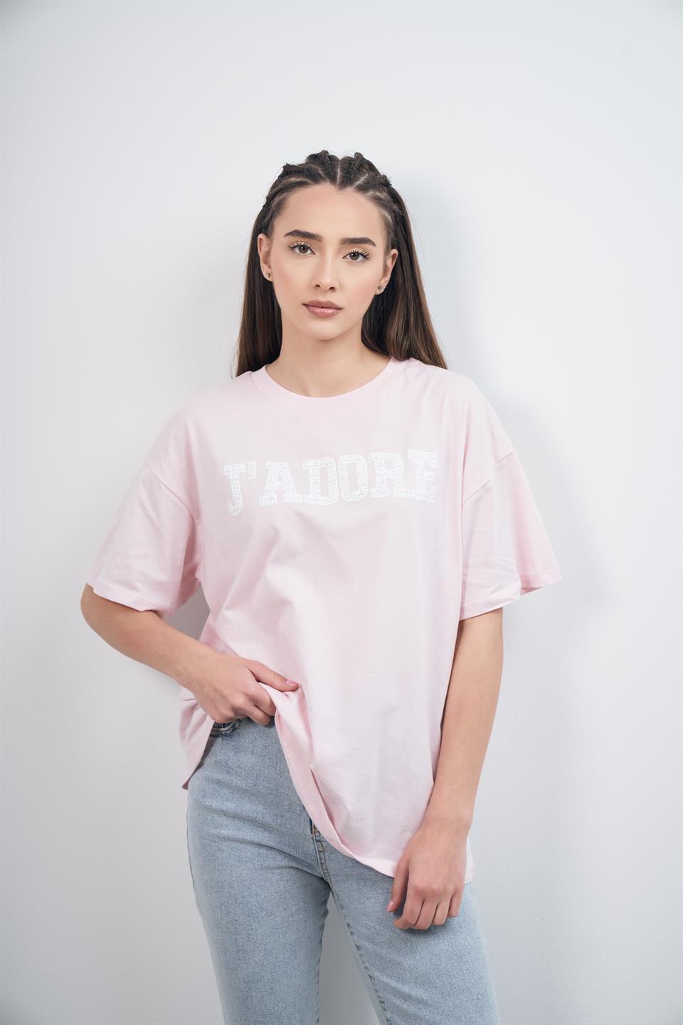 Jadore Baskılı T-shirt Toz Pembe