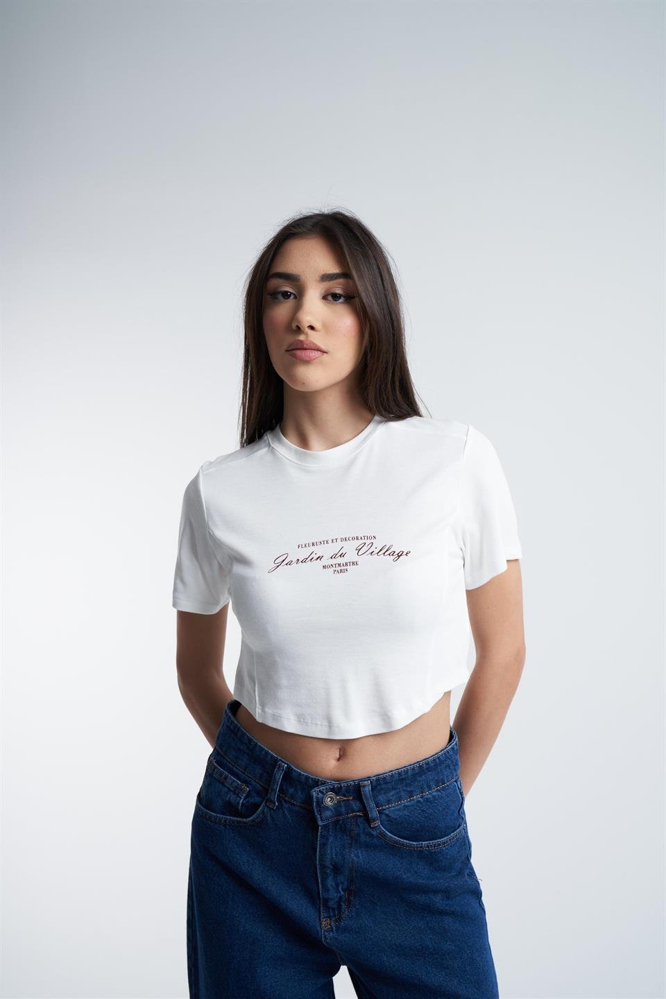 Kısa Kol Crop Bluz Ekru