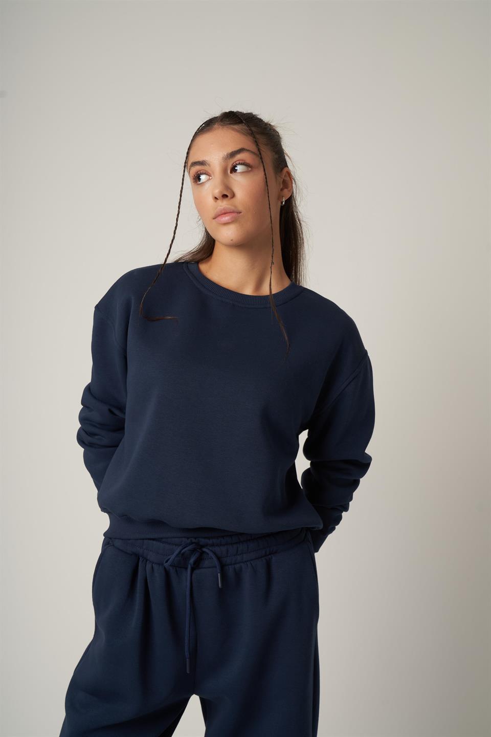Basic Kısa Sweatshirt Lacivert
