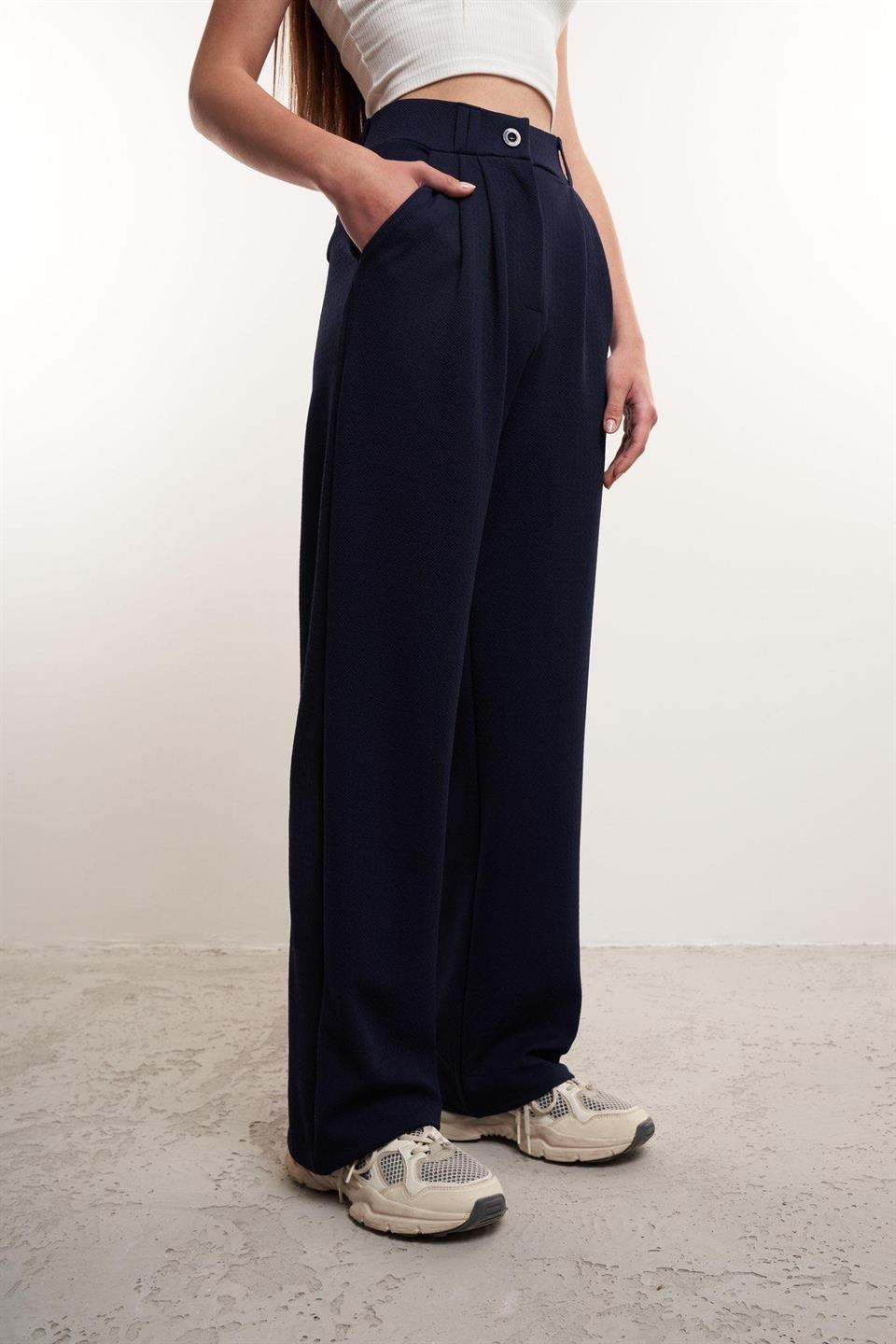 Bol Paça Krep Kumaş Pantolon Lacivert