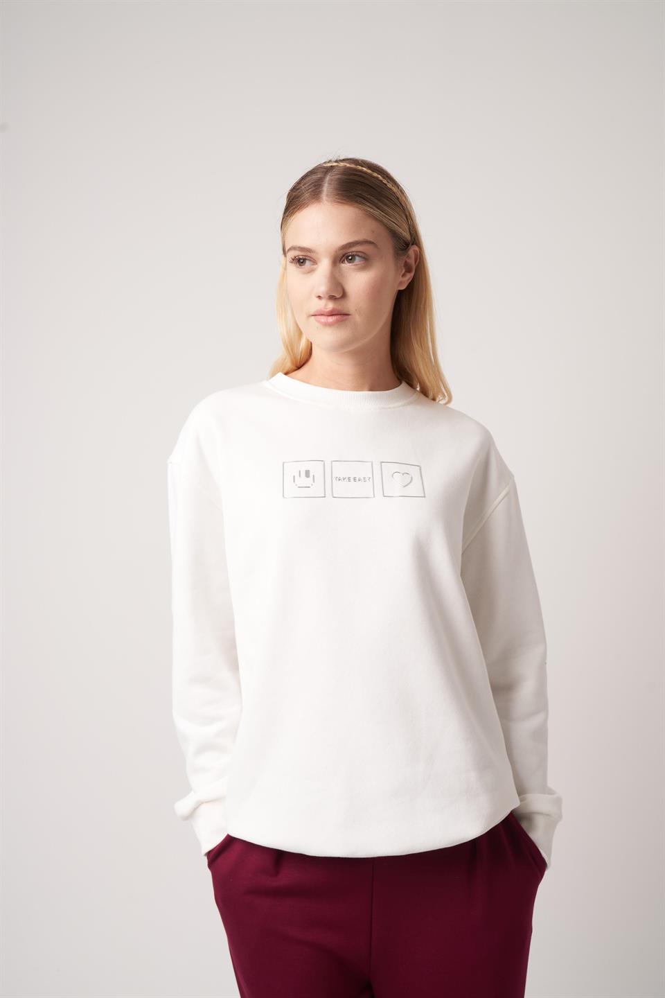 Baskılı Sweatshirt Ekru