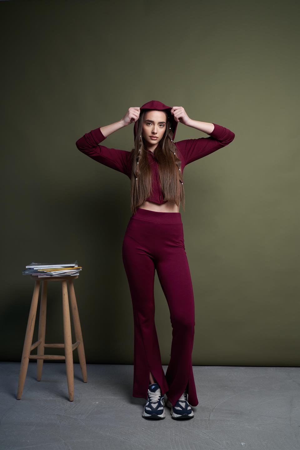 Yüksek Bel İspanyol Paça Pantolon Bordo