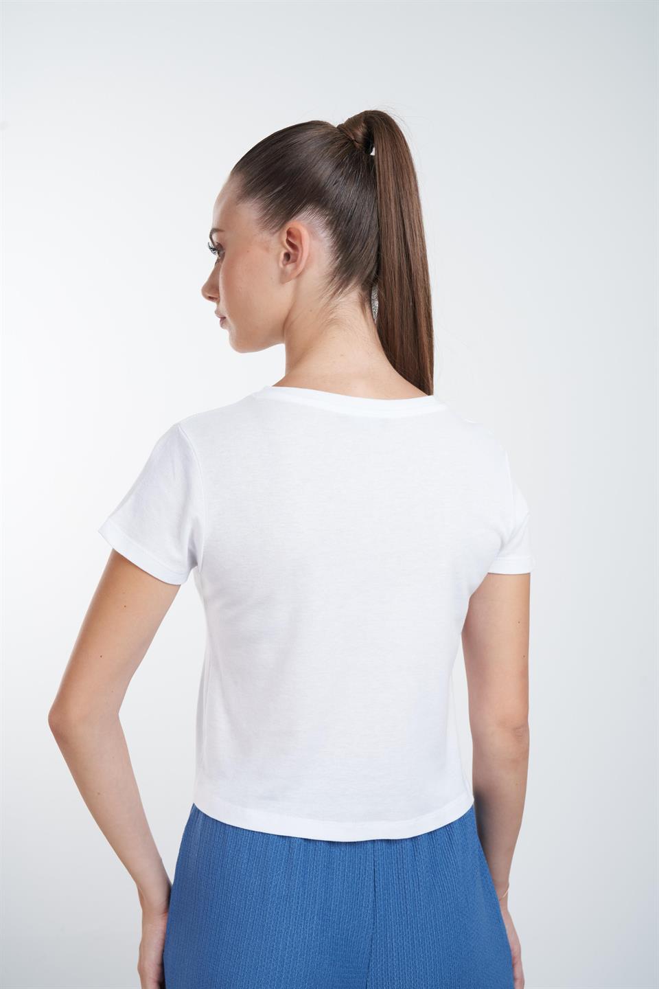 Venice Nakış Baskılı Kısa T-shirt Beyaz