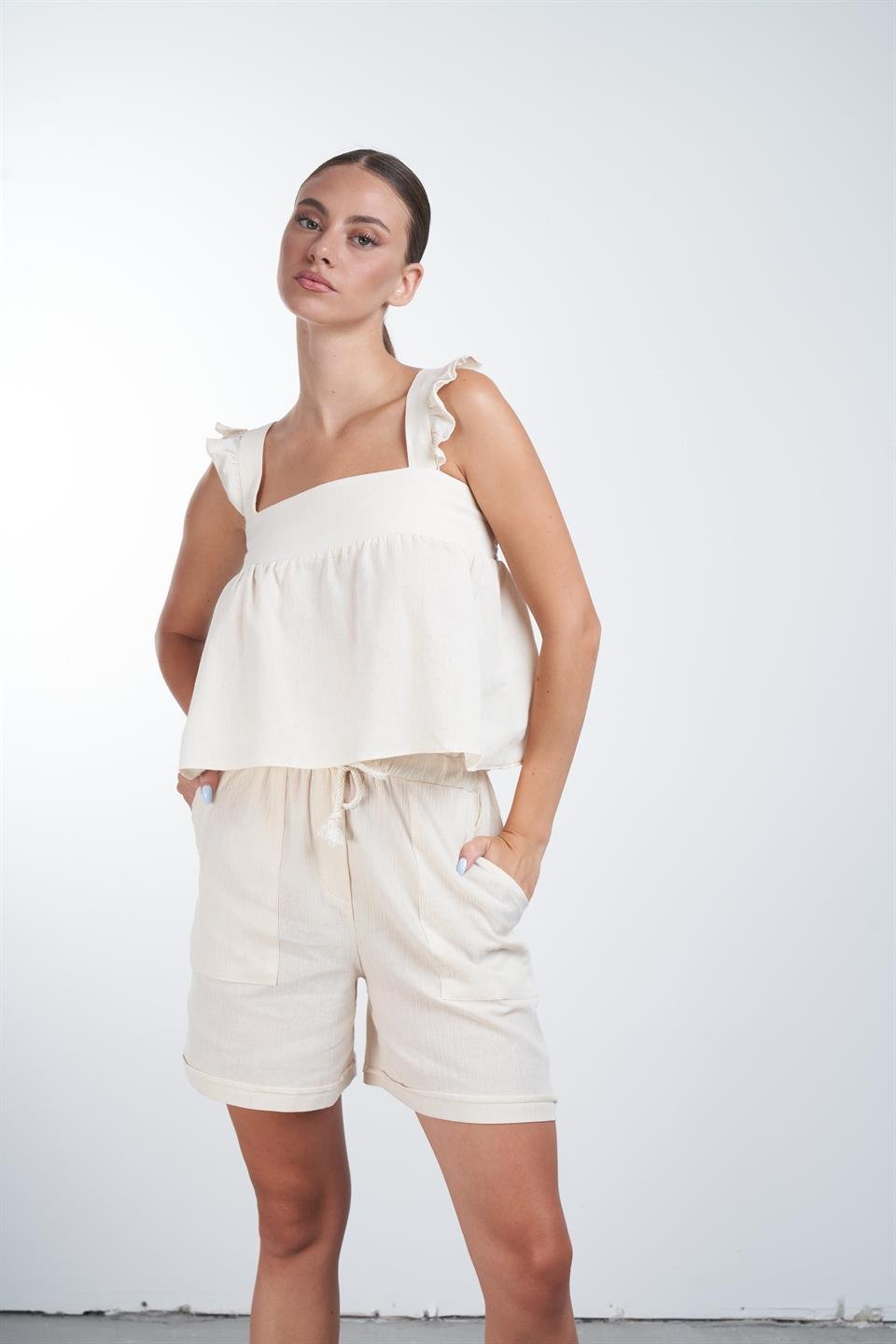 Bel Bağlama Detaylı Şort Natural