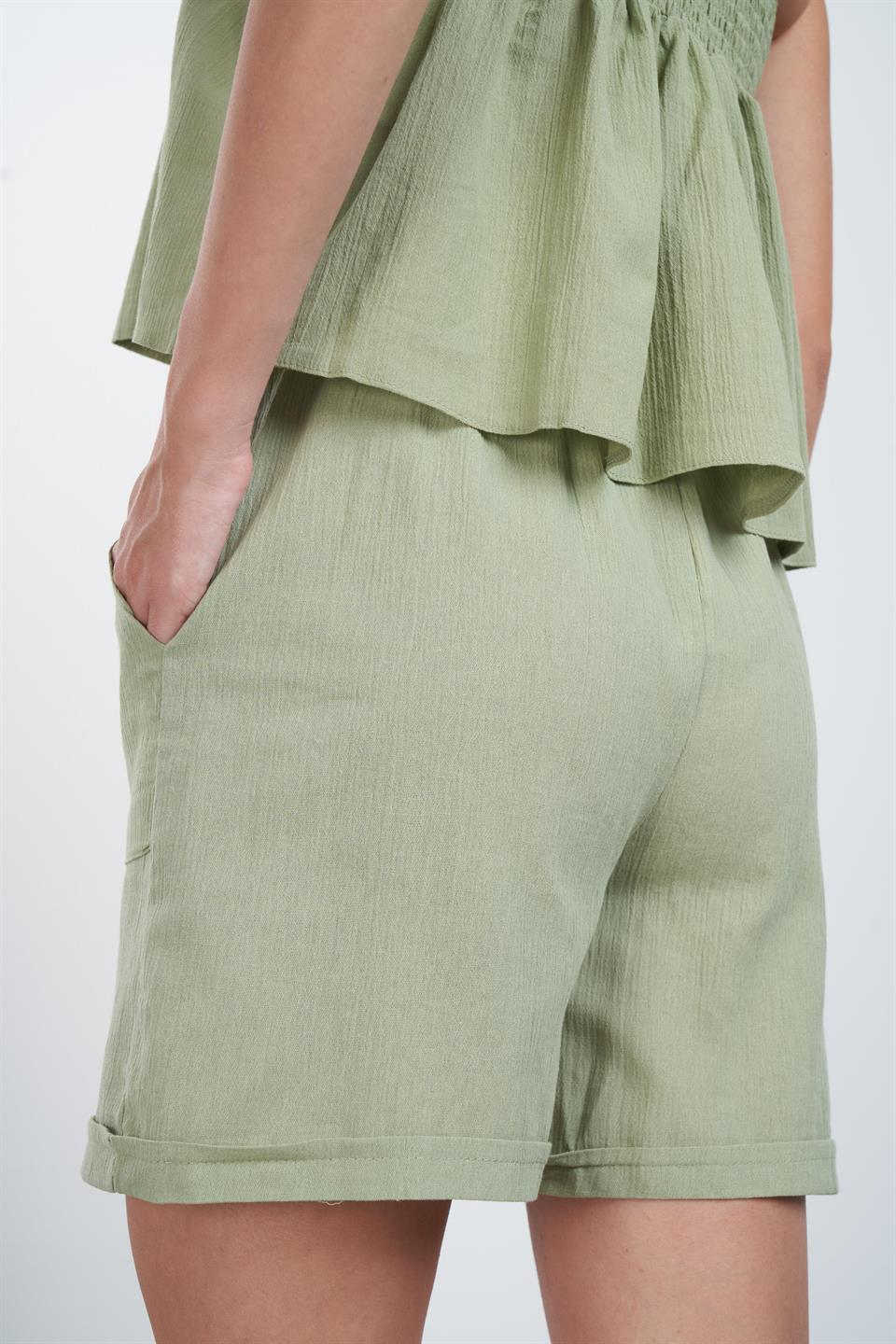 Bel Bağlama Detaylı Şort Haki