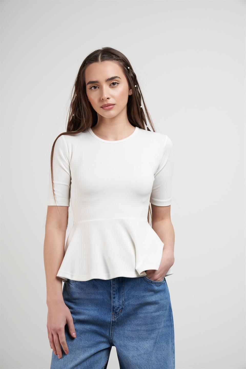 Bisiklet Yaka Modal Bluz Ekru