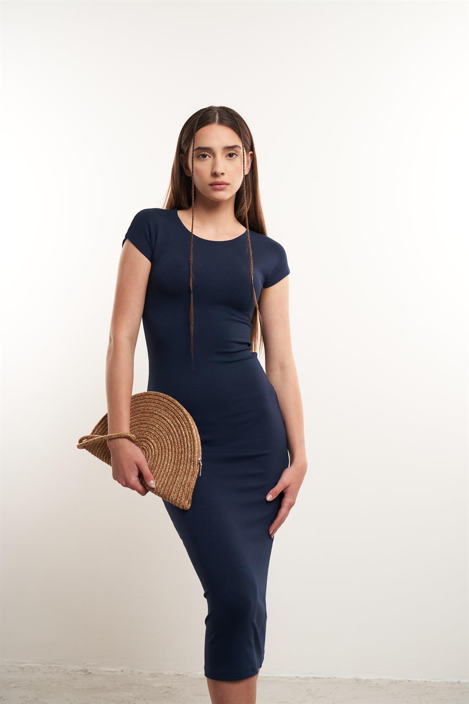 Bisiklet Yaka Uzun Elbise Lacivert