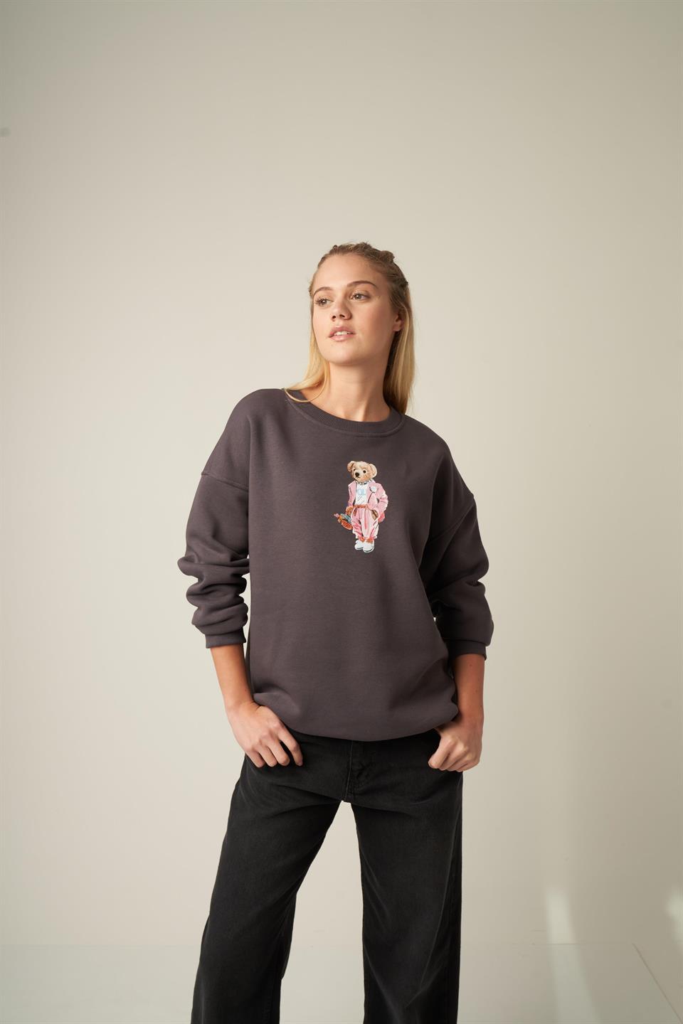 Ayıcık Baskılı Sweatshirt Antrasit
