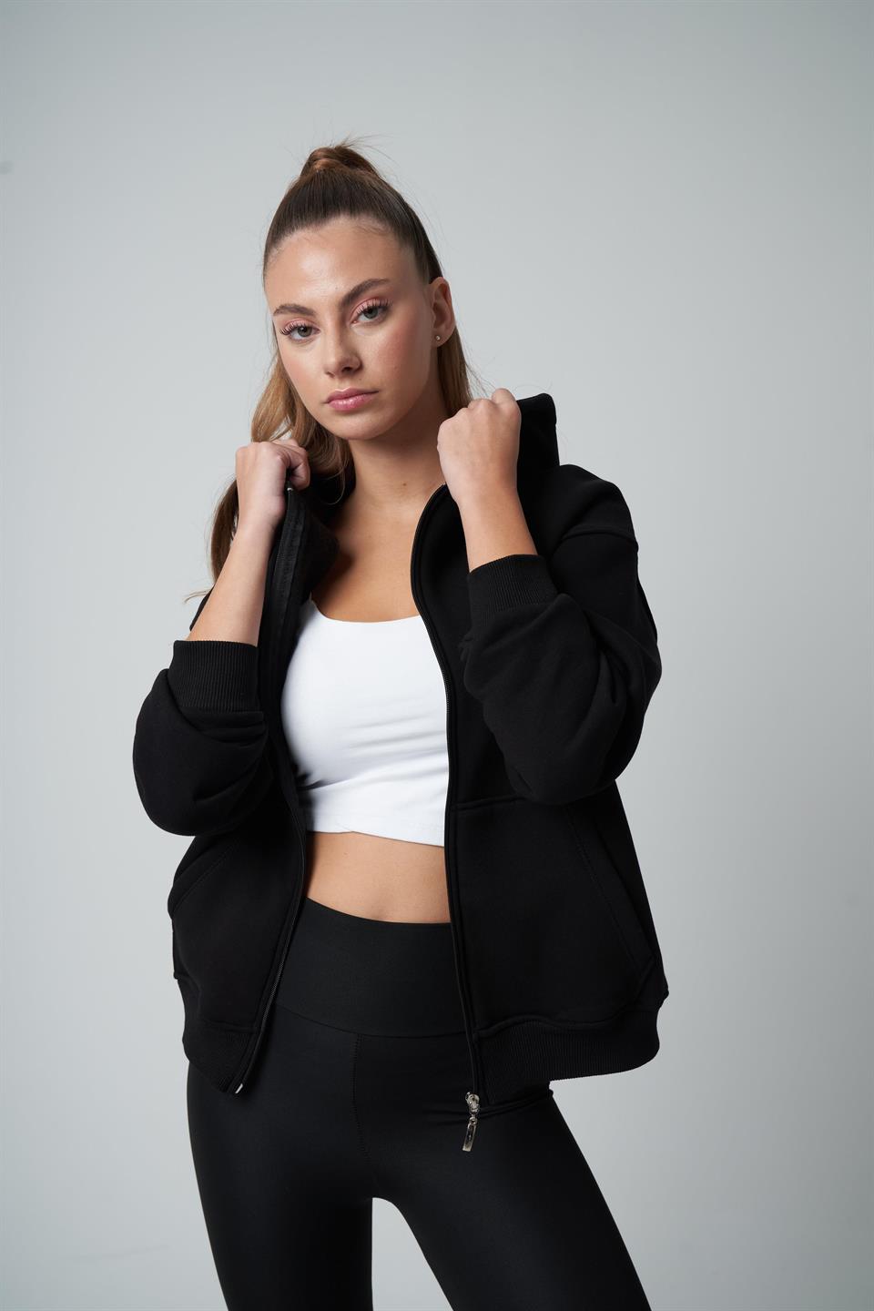 Kapüşonlu Sweatshirt Ceket Siyah