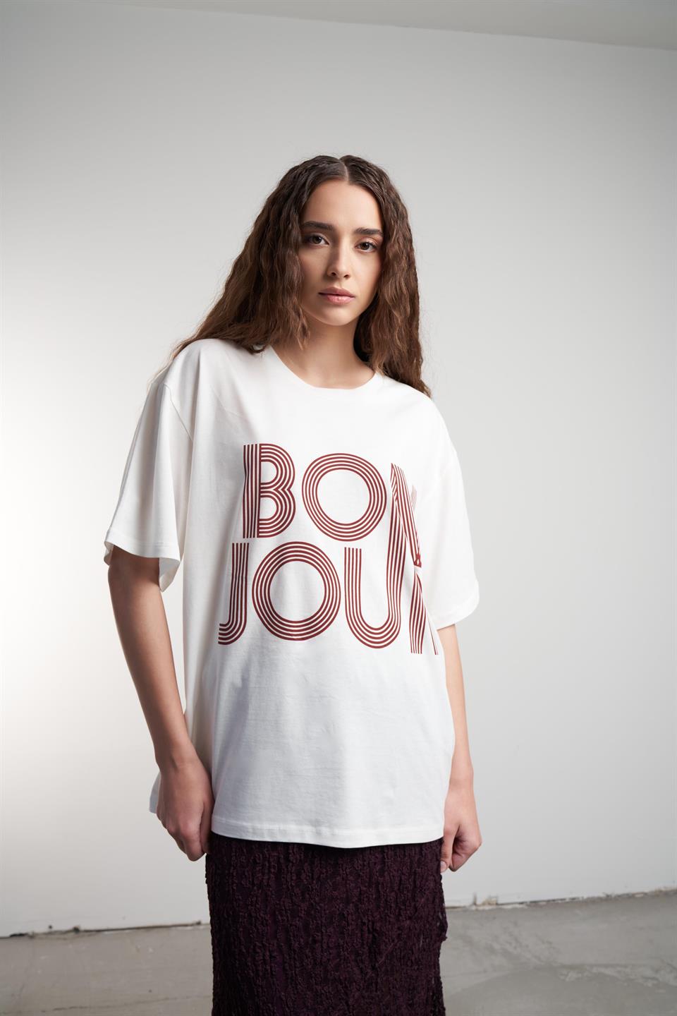 Bonjour Baskılı Oversize T-shirt Ekru