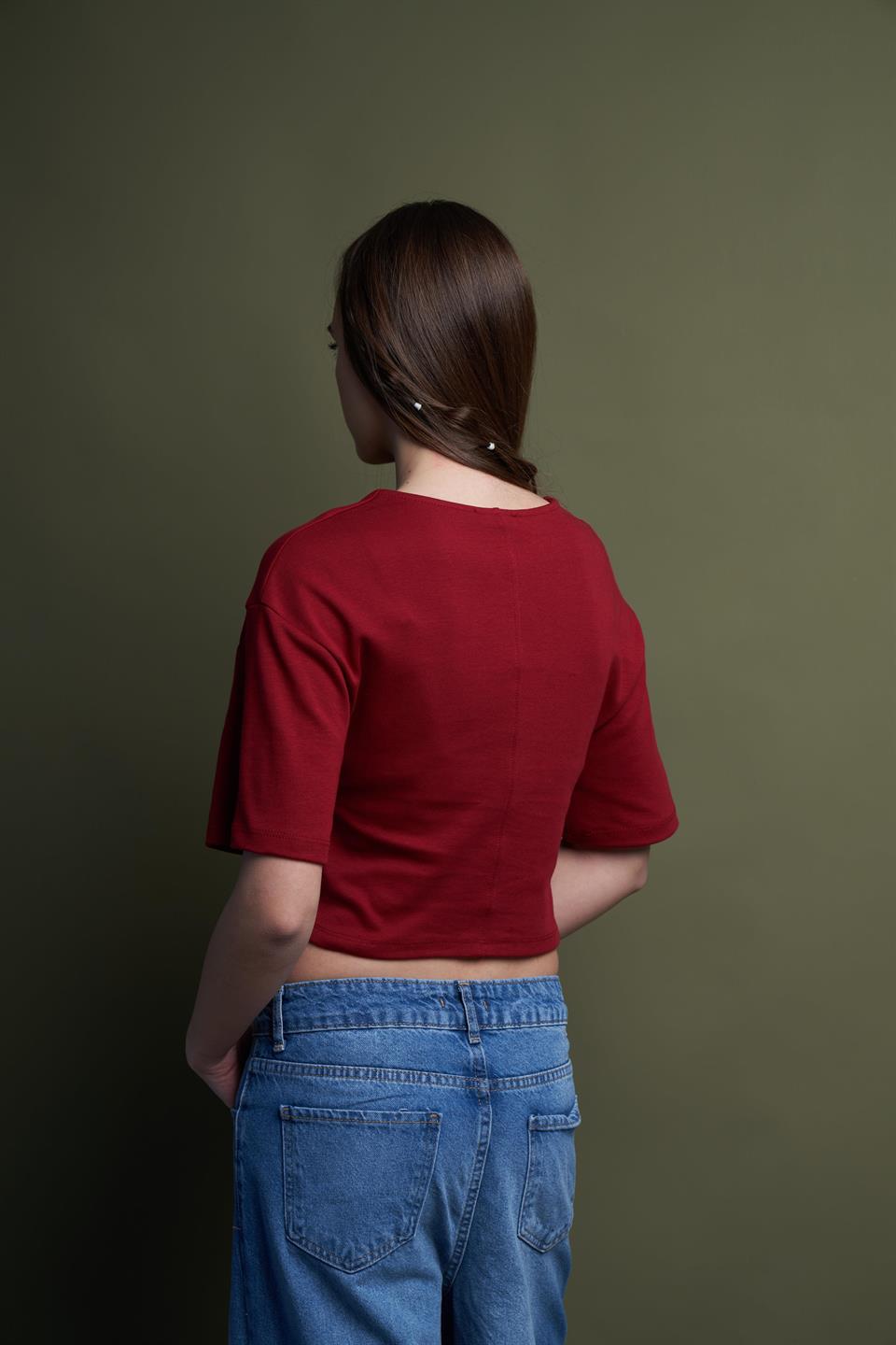 Kısa Kol Crop Model Bluz Bordo