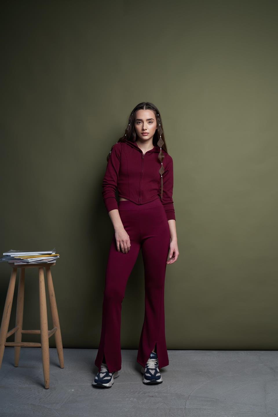 Yüksek Bel İspanyol Paça Pantolon Bordo