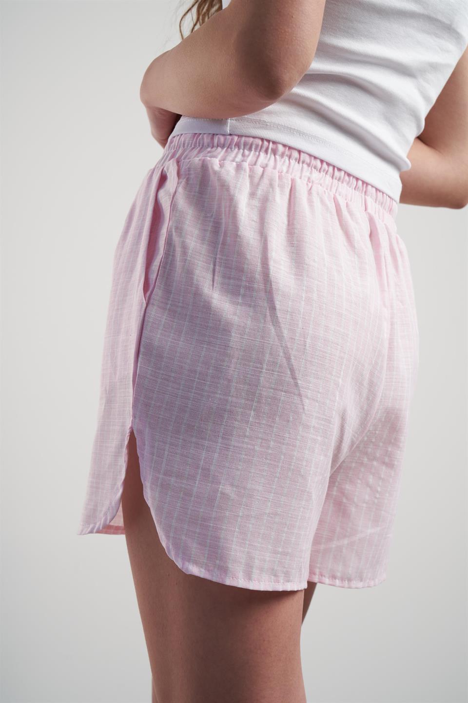 Çizgili Keten Şort Pembe
