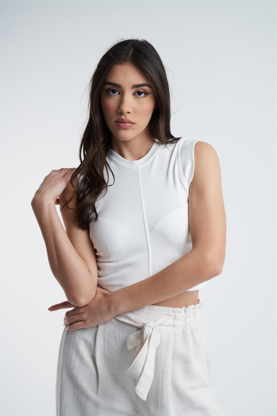 Yanlar Büzgülü Sıfır Kol Bluz Ekru