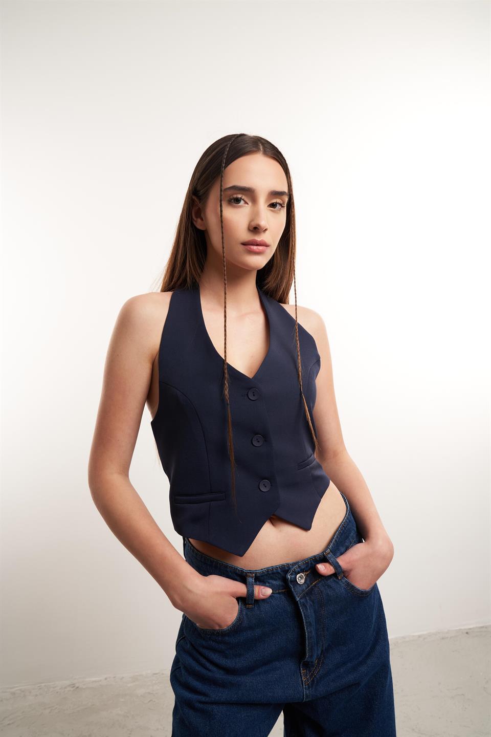 Sırt Dekolte Detaylı Yelek Lacivert