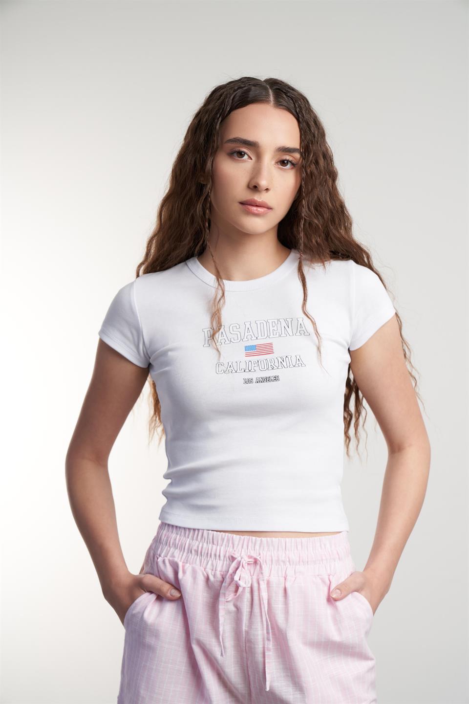 Pasadena Baskılı Kısa Kol Bluz Beyaz