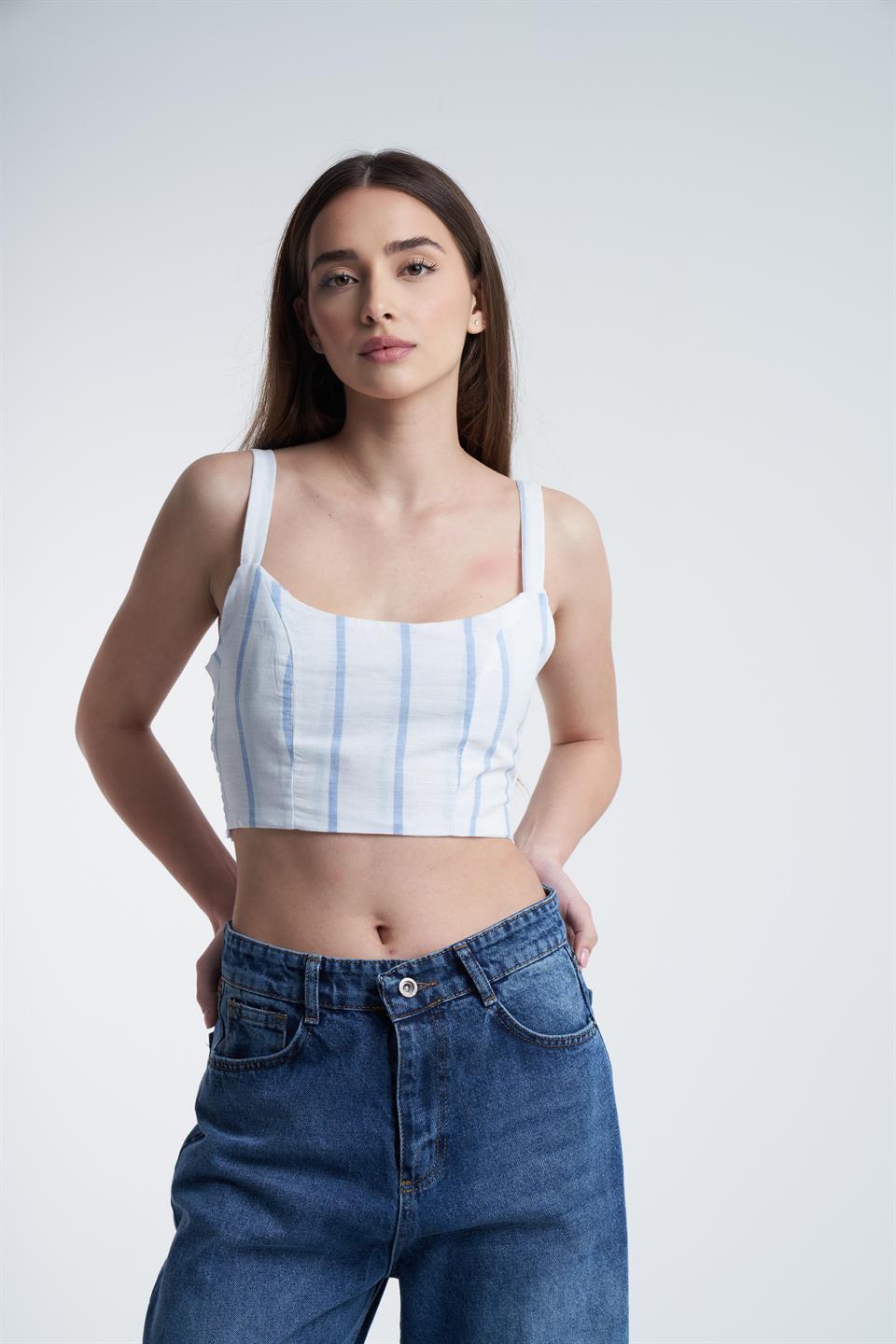 Askılı Crop Model Bluz Mavi-Beyaz