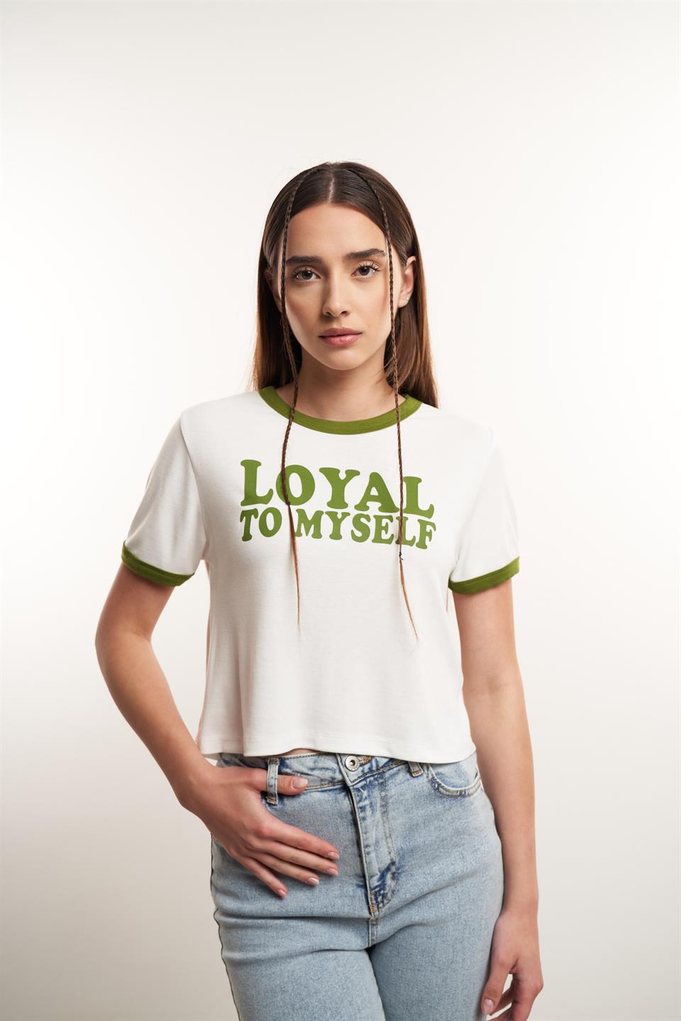 Loyal To Myself Baskılı Ribana Bluz Ekru-Yeşil