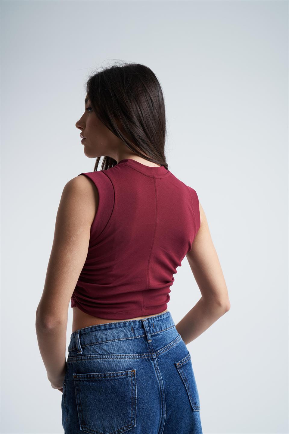 Yanlar Büzgülü Sıfır Kol Bluz Bordo
