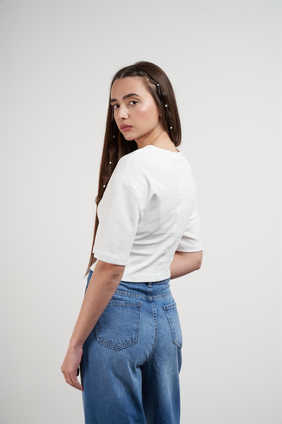 Kısa Kol Crop Model Bluz Ekru