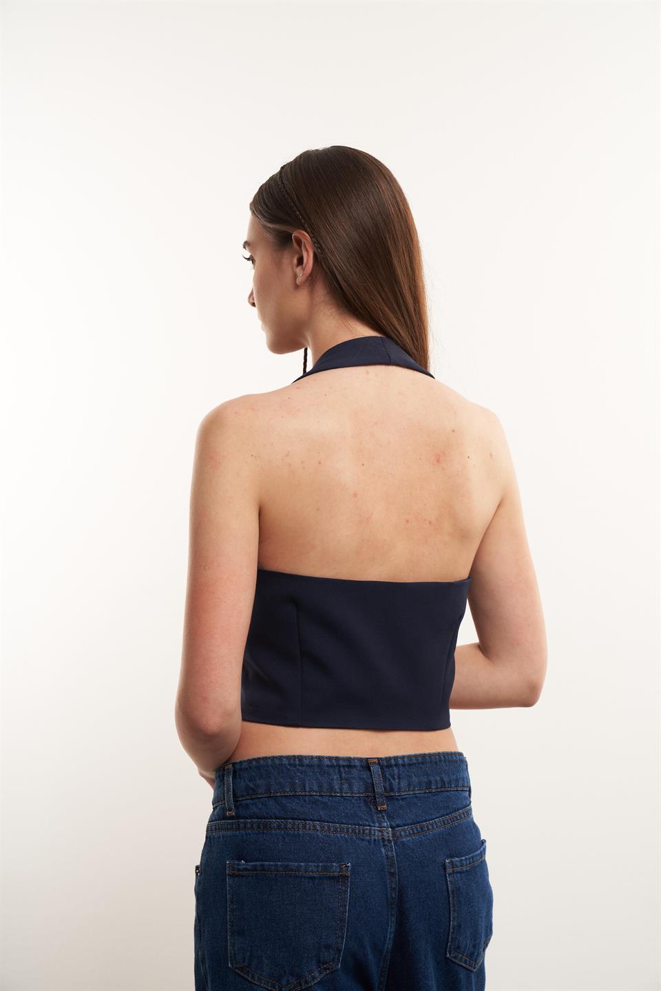 Sırt Dekolte Detaylı Yelek Lacivert