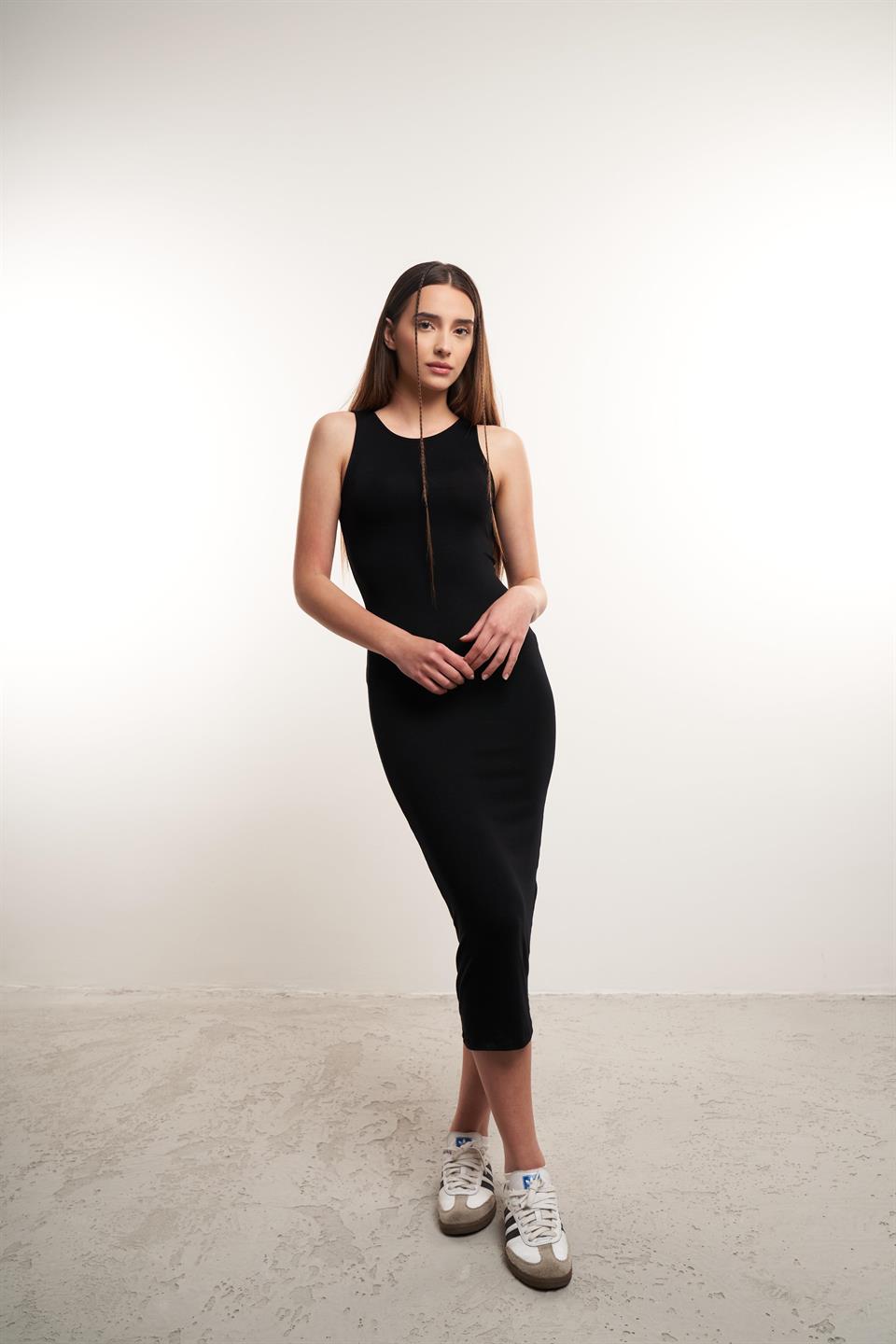 Bisiklet Yaka Atlet Kol Uzun Elbise Siyah