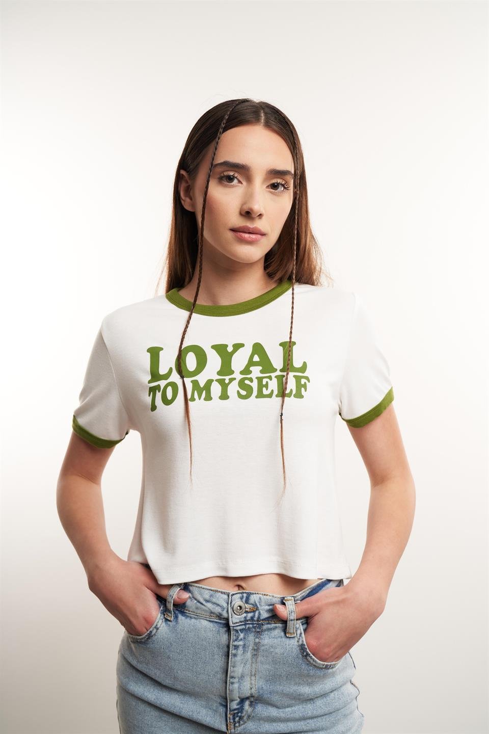 Loyal To Myself Baskılı Ribana Bluz Ekru-Yeşil