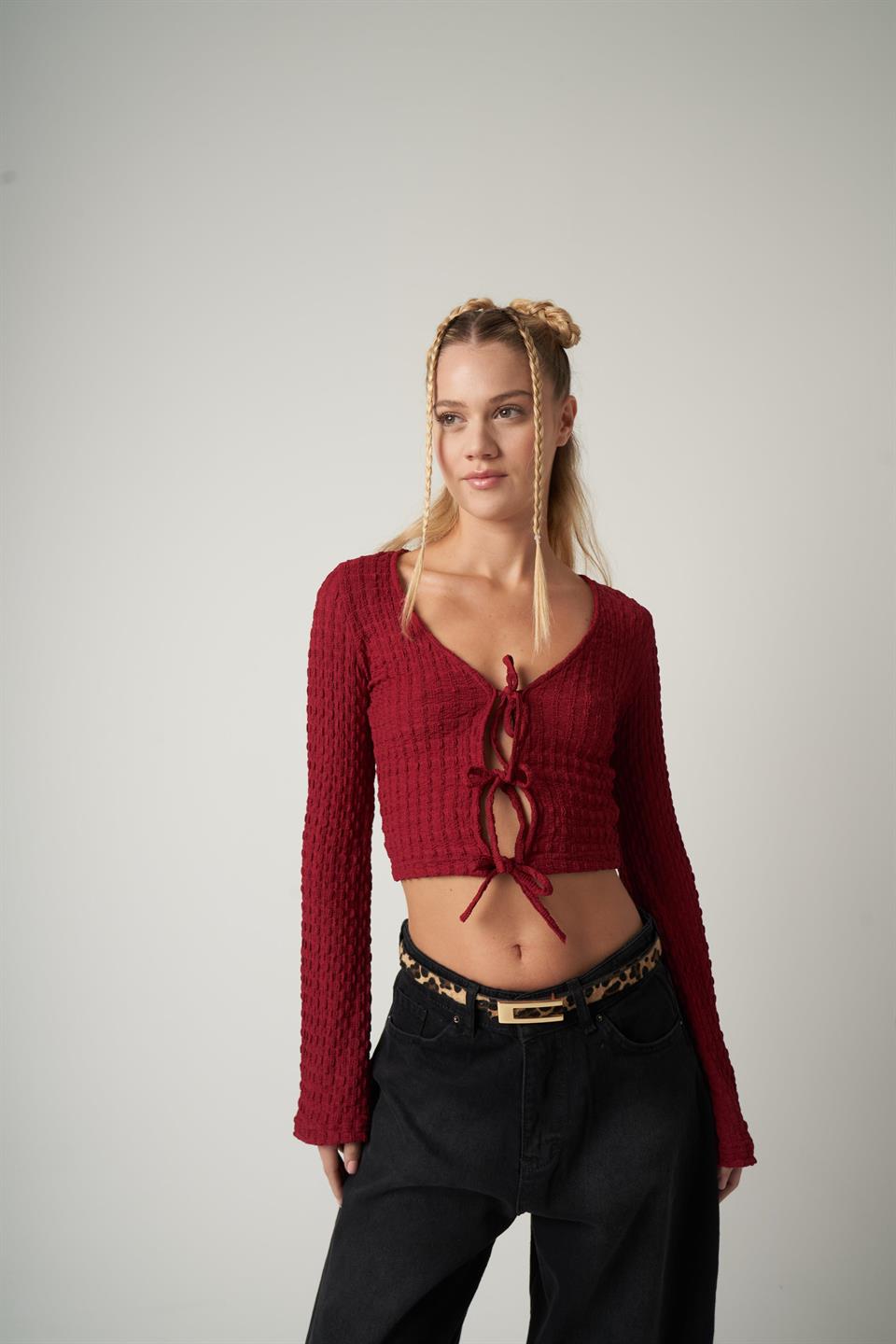 Ön Bağlama Detaylı Bluz Bordo