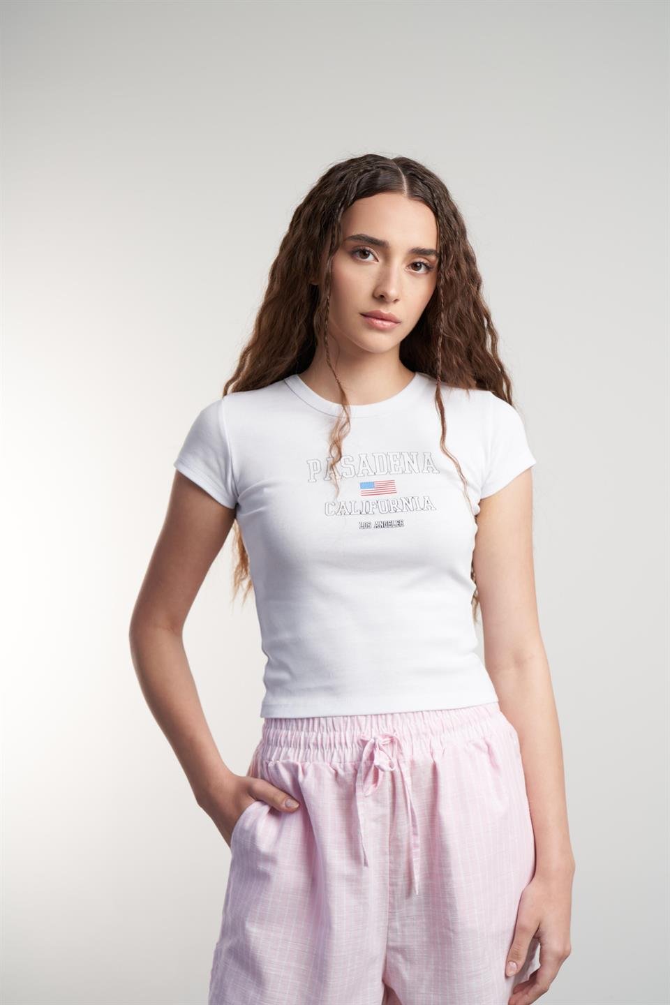 Pasadena Baskılı Kısa Kol Bluz Beyaz