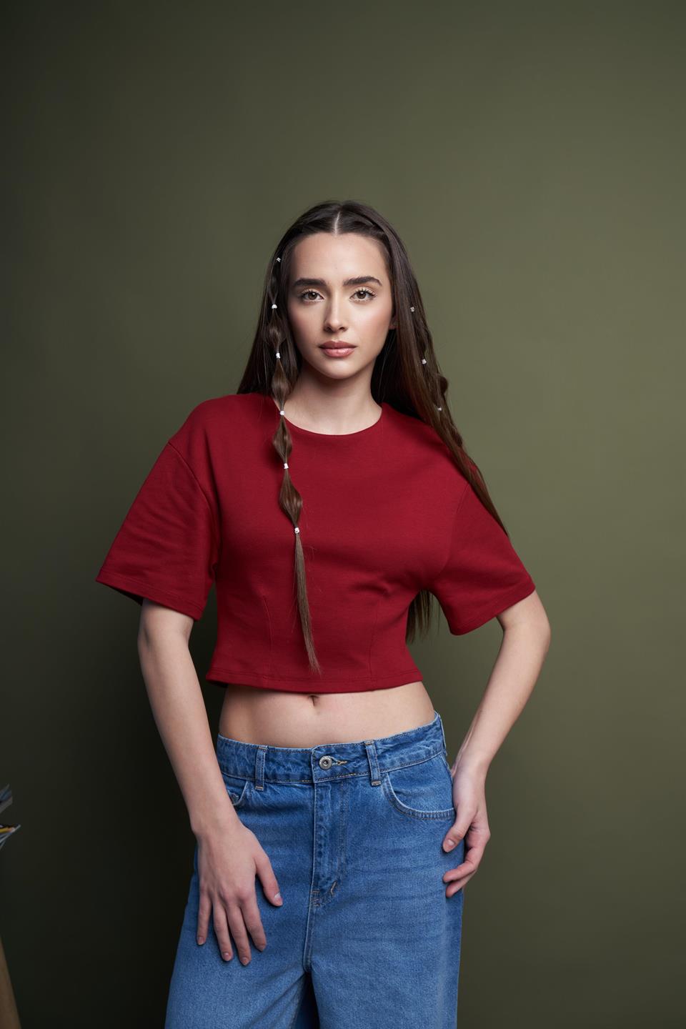 Kısa Kol Crop Model Bluz Bordo