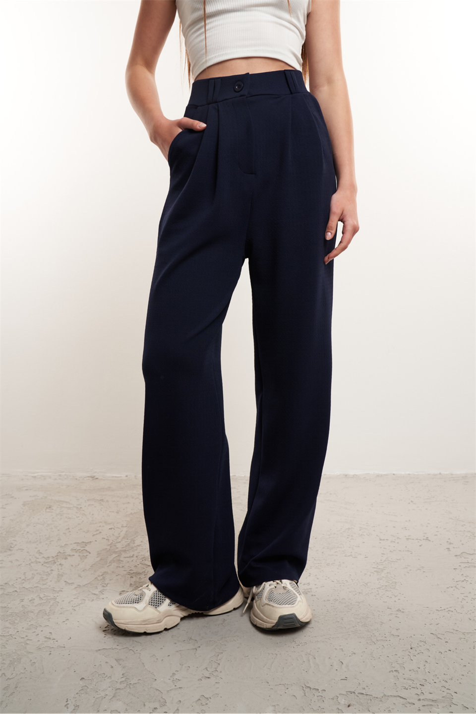 Bol Paça Krep Kumaş Pantolon Lacivert