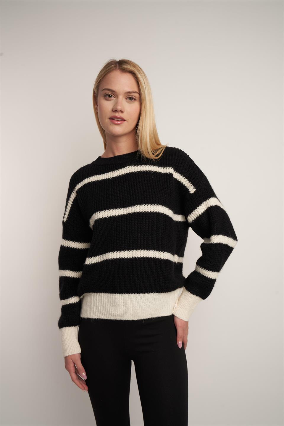Çizgili Triko Kazak Siyah-Krem