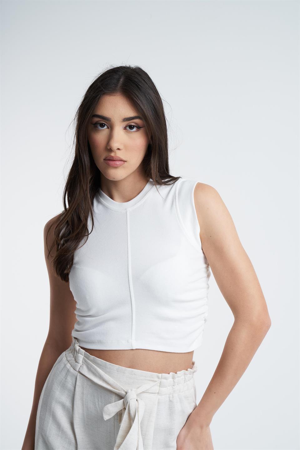 Yanlar Büzgülü Sıfır Kol Bluz Ekru