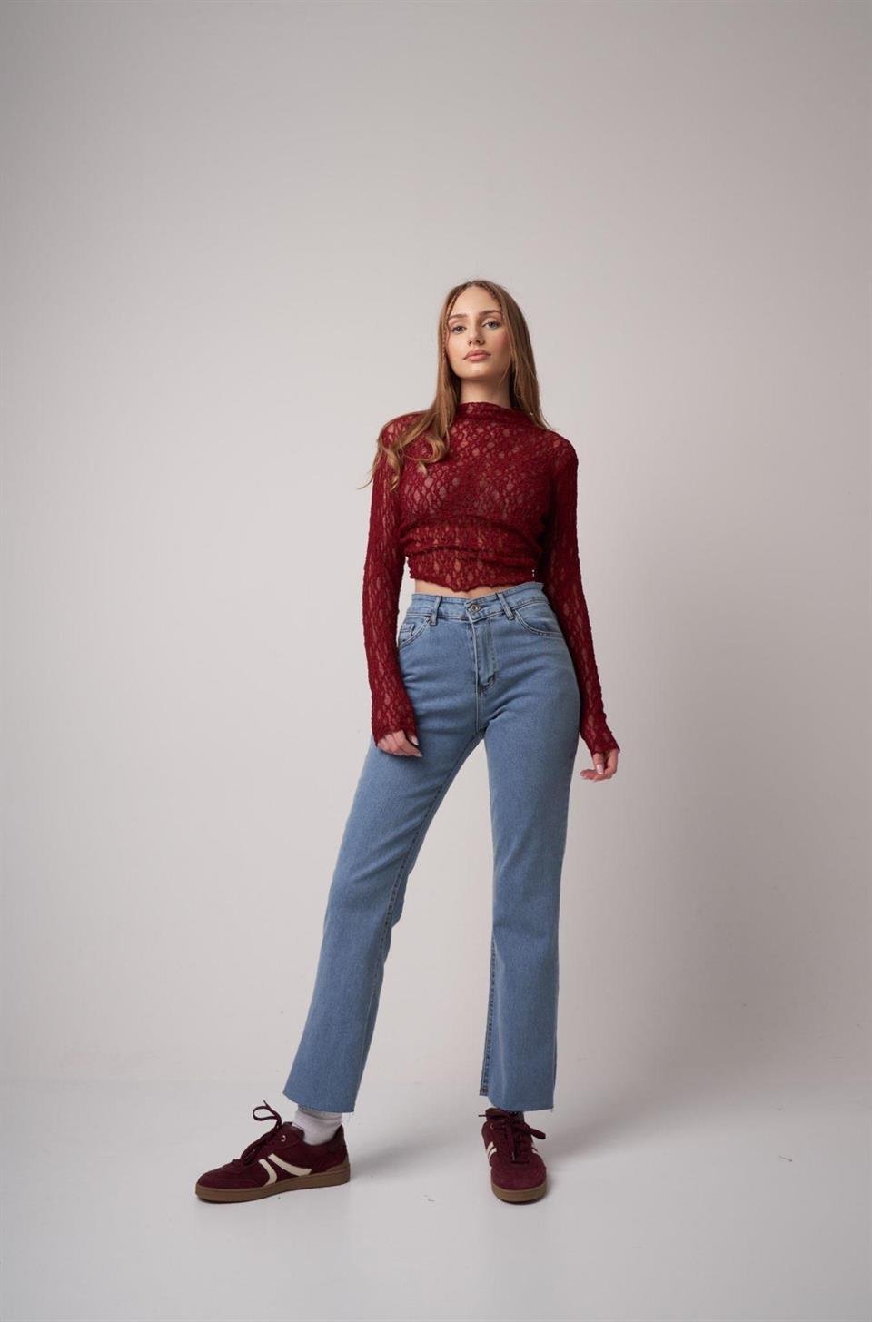 Yüksek Bel Yıkamalı Jean Pantolon Mavi