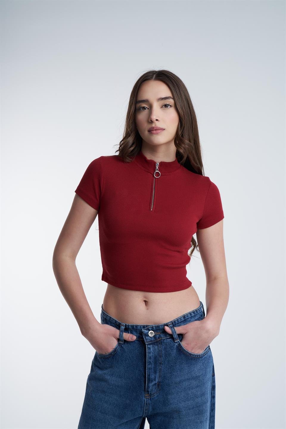 Kaşkorse Kısa Kol Bluz Bordo