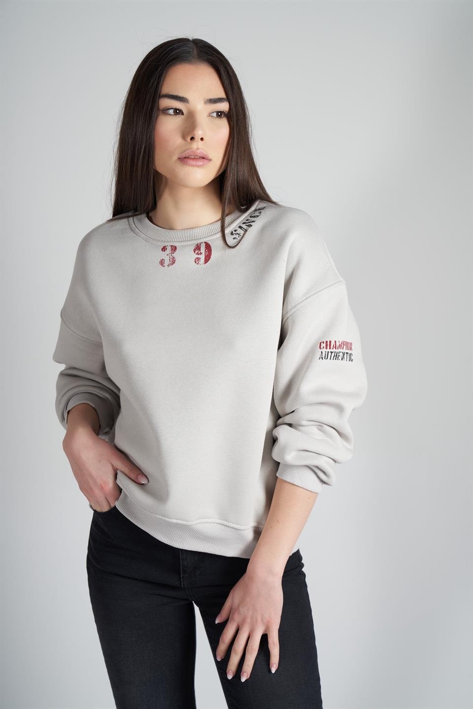 39 Since Baskılı Şardonlu Sweatshirt Açık Gri