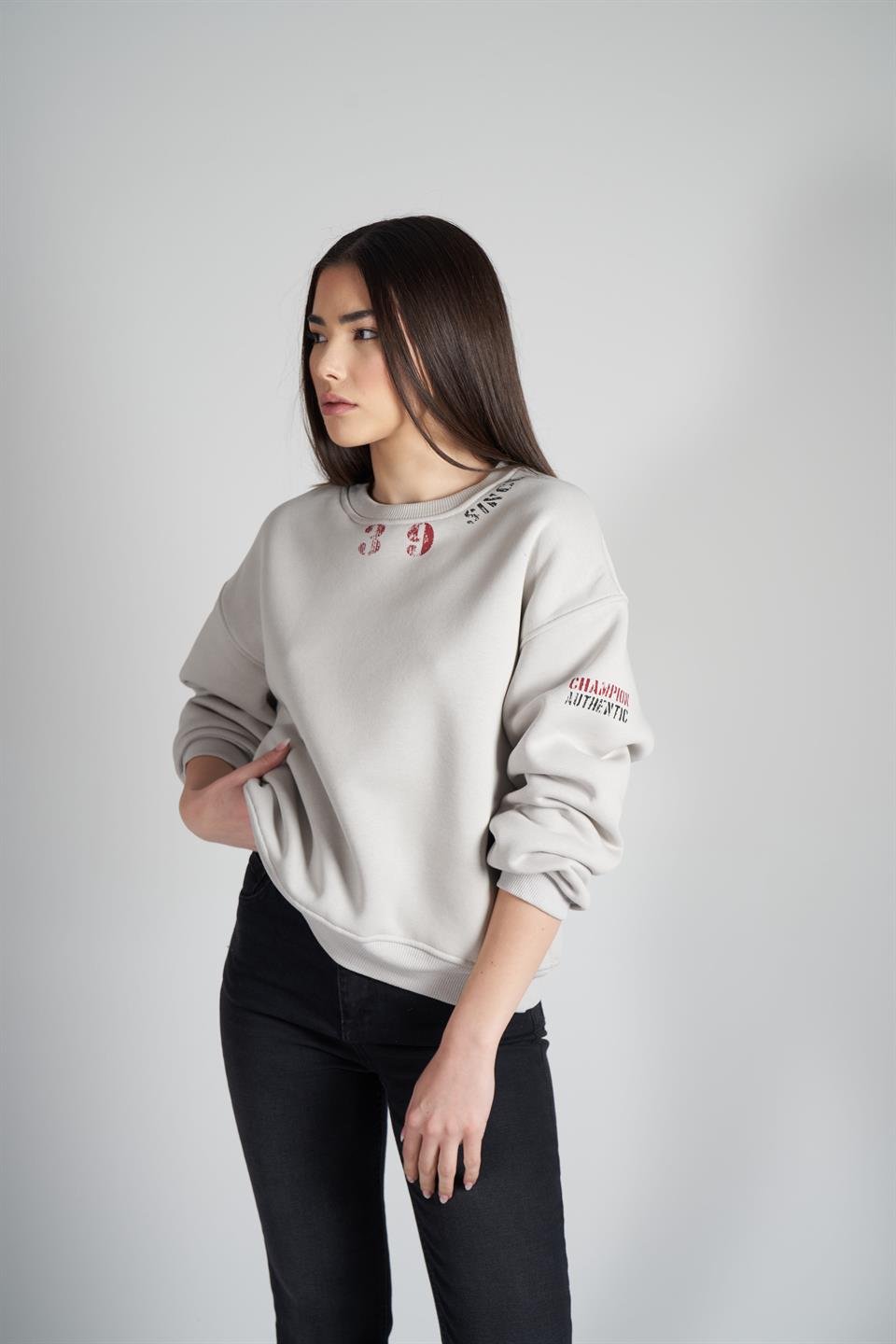 39 Since Baskılı Şardonlu Sweatshirt Açık Gri