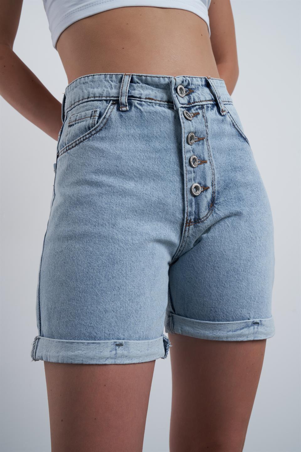 5 Düğme Detaylı Duble Paça Jean Şort Açık Mavi