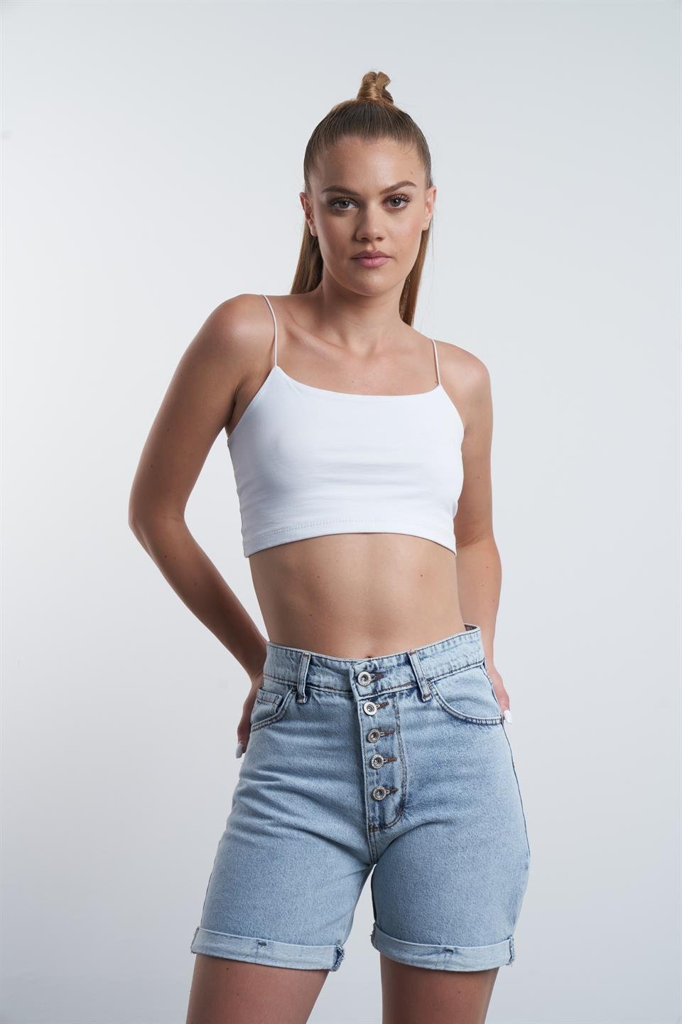 5 Düğme Detaylı Duble Paça Jean Şort Açık Mavi