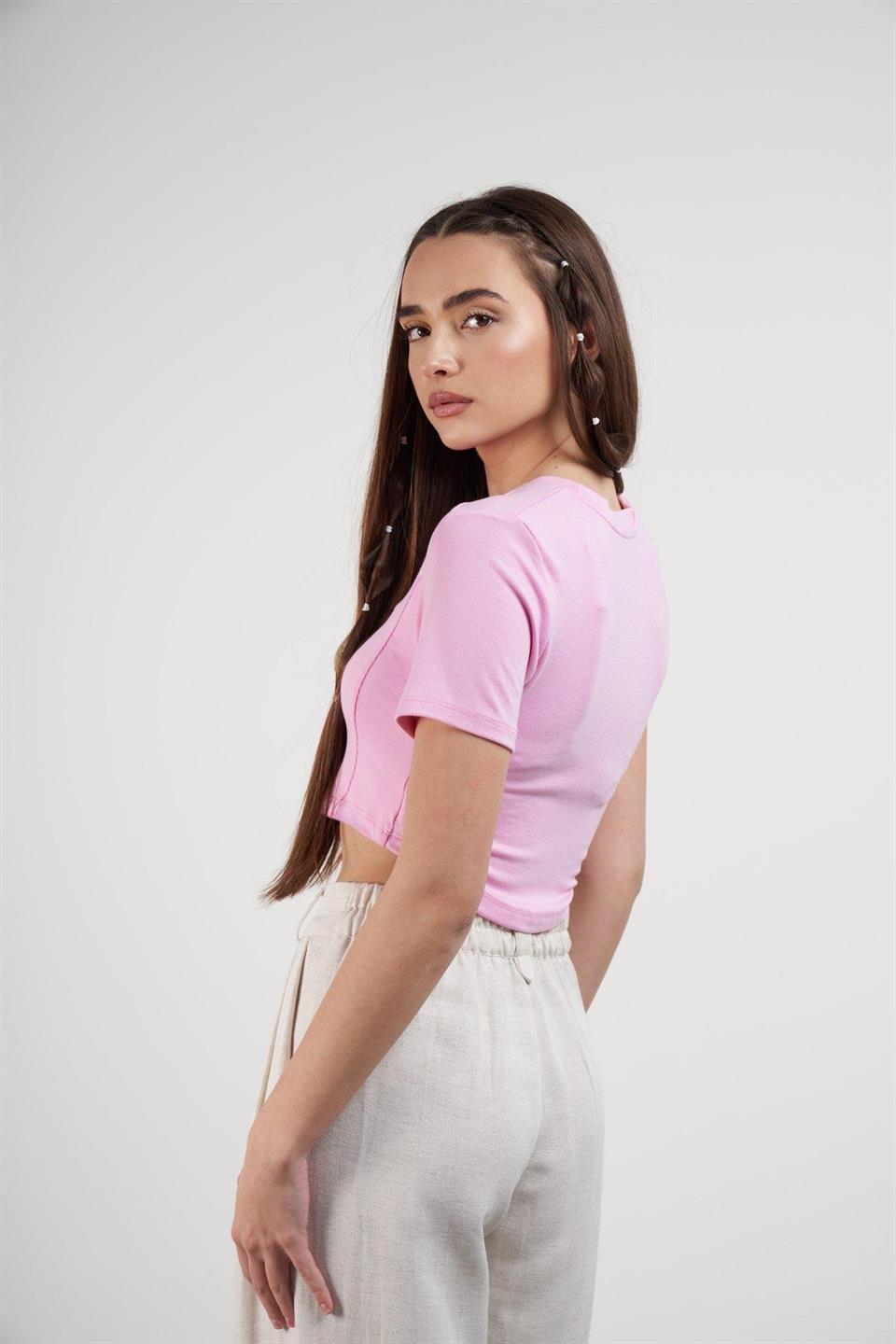 Basic Kısa Kol Crop Bluz Toz Pembe