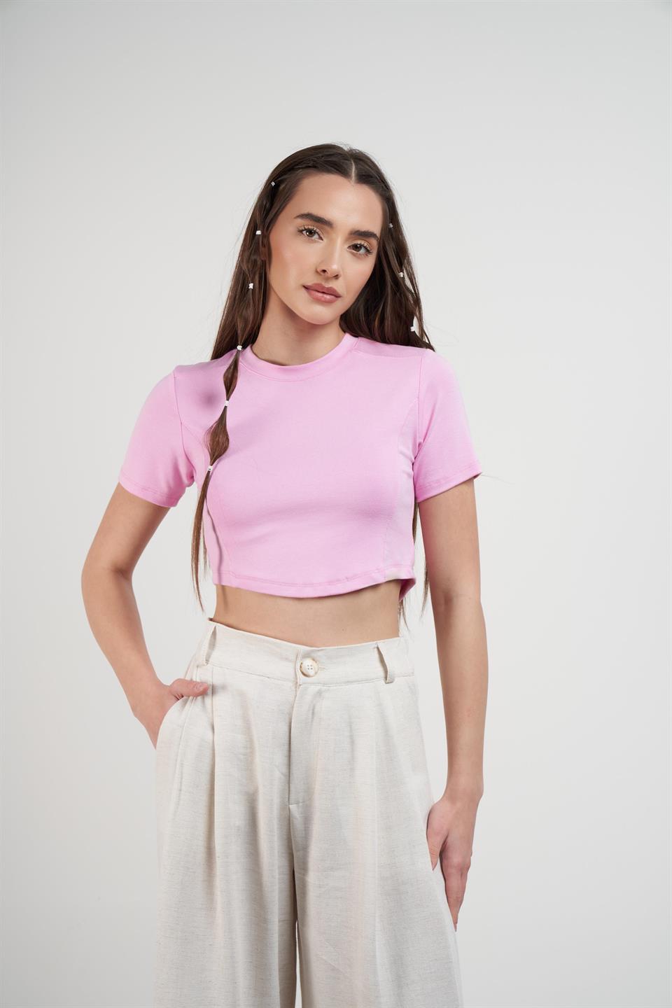 Basic Kısa Kol Crop Bluz Toz Pembe
